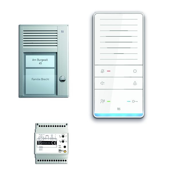 TCS dörrkontrollsystem ljud: pack AP för 1 bostadsenhet, med utomhusstation PAK 1 bell-knapp, 1x handsfree-högtalare ISW5031, styrenhet BVS20, PAAF011 / 001