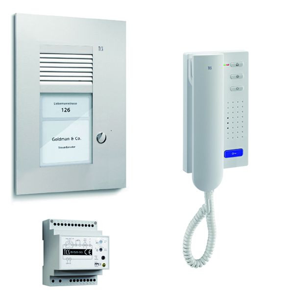 TCS dörrkontrollsystem ljud: pack upp för 1 bostadsenhet, med utomhusstation PUK 1 klockknapp, 1x dörrtelefon ISH3130, styrenhet BVS20, PSU2110-0000