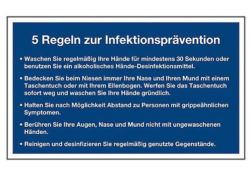 DENIOS-meddelande "5 regler för infektionsförebyggande", folie, 200 x 120 mm, blå, 273-302