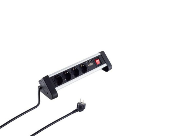 Helos bordsuttagslist DESK 4-vägs, USB-laddare svart, 1,5m, med strömbrytare, 60317