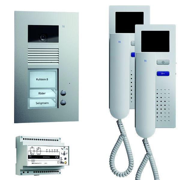 TCS dörrkontrollsystem video: pack AP för 2 bostäder, med AVU-dörrstation 2 klockknappar, 2x videodörrstelefon IVH3222, kontroll, PVU1620-0010