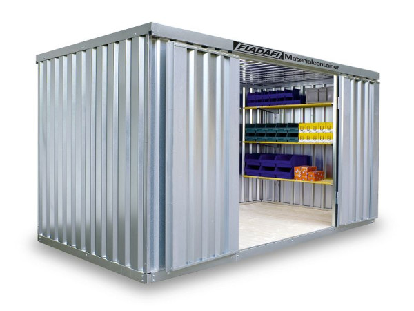 FLADAFI materialbehållare MC 1400, galvaniserad, demonterad, med trägolv, 4 050 x 2 170 x 2 150 mm, enkeldörr på 4 m sidan, F14200101