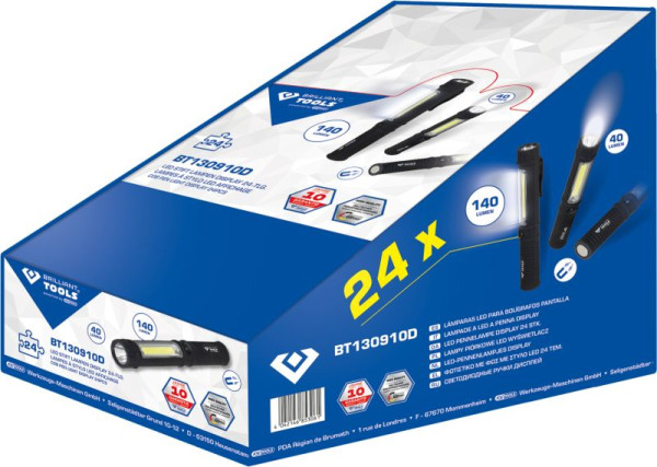 Brilliant Tools 2 i 1 COB ficklampa display, paket med 24, BT130910D