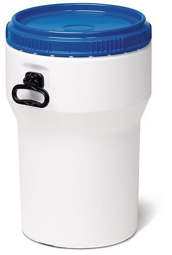 DENIOS bredhalsad fat av PE, 40 liter, med lock, vit/blå, kapslingsbar, UN-godkännande, 217-399