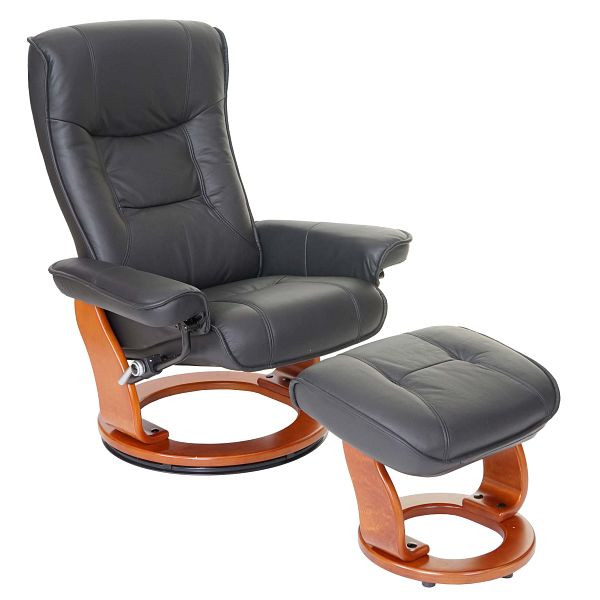 Mendler MCA relaxstol Hamilton, TV stol pall, äkta läder 130kg lastkapacitet, svart, honungsfärgad, 56052