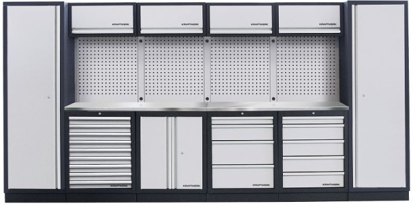 Kraftwerk MOBILIO 6-elements verkstadsskåpsystem med rostfri INOX bänkskiva, med fyrkantig perforerad vägg, 3964FIX