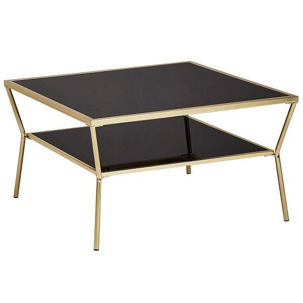 Wohnling Design soffbord glas svart 70 x 70 cm 2 våningar guld metallram, fyrkantig, WL5.992