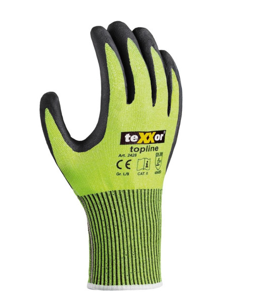 teXXor skärskydd stickade handskar SANDAD NITRILBEläggning, gul/svart, storlek: 7, förpackning: 144 par, 2428-7