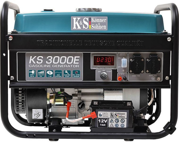 Könner & Söhnen 3000W bensin E-start elgenerator, 2x16A (230V), 12V, voltregulator, lågoljeskydd, överspänningsskydd, display, KS 3000E