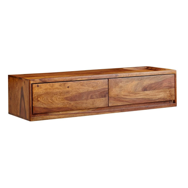 Wohnling Lowboard Hängande Sheesham massivt trä 108x25x34 cm TV-skåp Brun, Design TV-bord med förvaringsutrymme, med två lådor, WL6.568