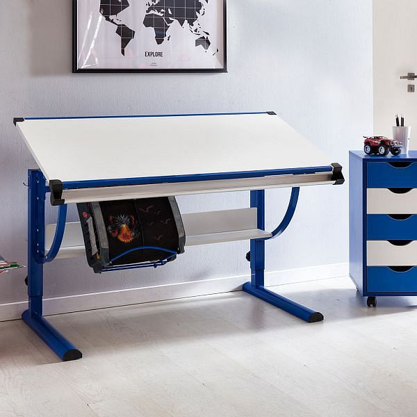 Wohnling Design barnskrivbord MORITZ trä 120 x 60 cm blå/vit, justerbar lutning, WL5.127