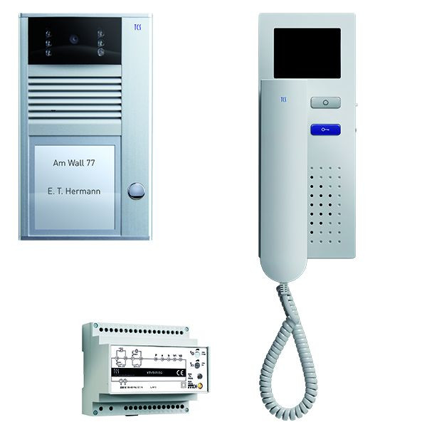 TCS dörrkontrollsystem video: pack AP för 1 bostadsenhet, med ytterdörrstation AVC 1 bell-knapp, 1x videodörrstelefon IVH3222, styrenhet VBVS05, PVC1410-0010