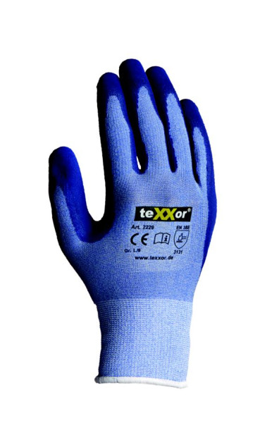 teXXor polyesterstickade handskar LATEX, storlek: 10, färg: ljusblå melerad/mellanblå, förpackning: 144 par, 2229-10